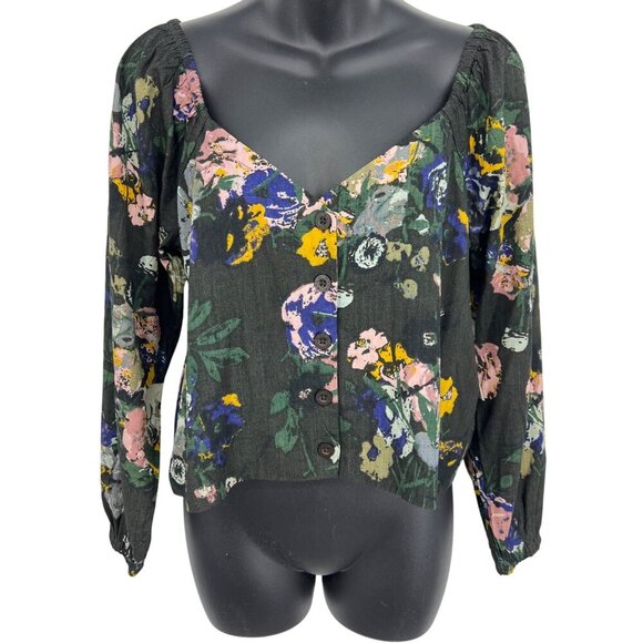 RVCA Black Women Top Blouse Small 8 Floral Sweetheart Cartia Long Sleeve New - Picture 1 of 10